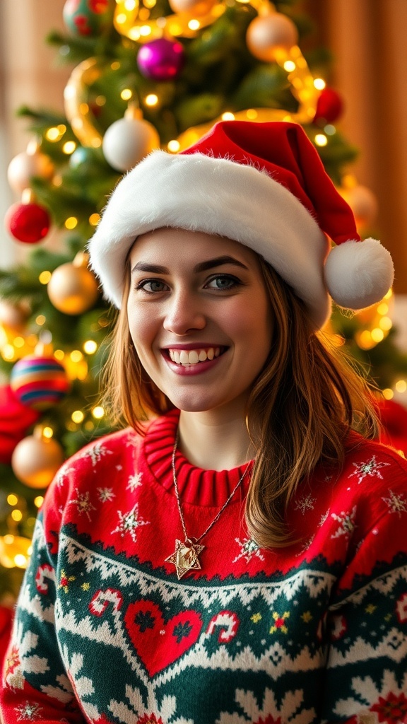 Hanni in a festive sweater and Santa hat, smiling in front of a decorated Christmas tree.